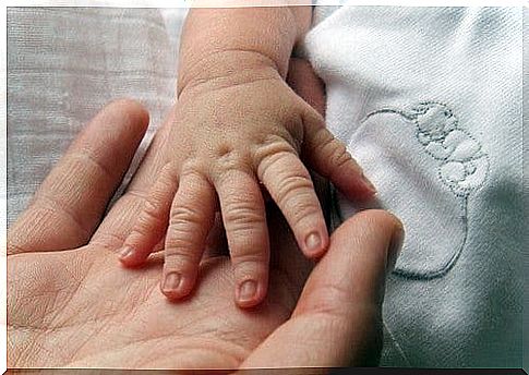 baby holds mother in hand