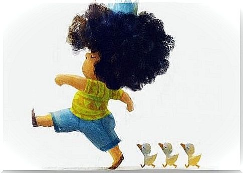 animation of a boy walking with 3 ducklings behind him