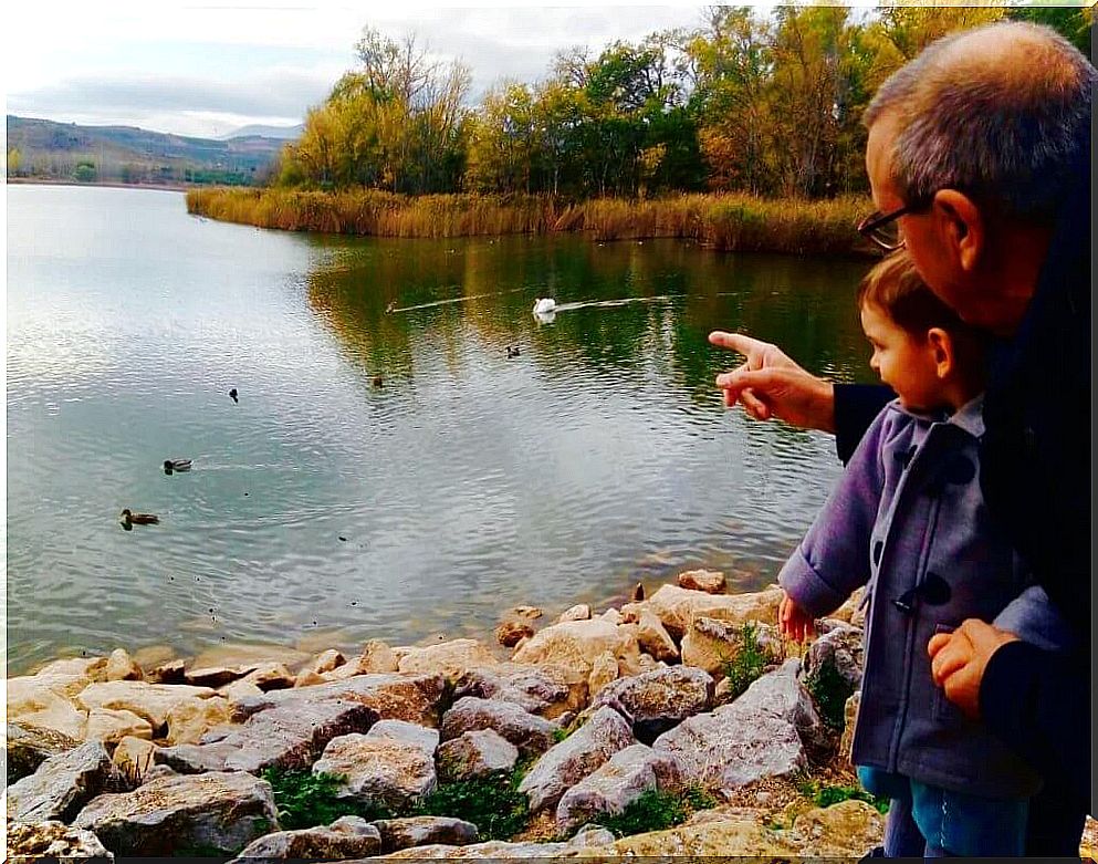 boy and grandfather looking out over lake